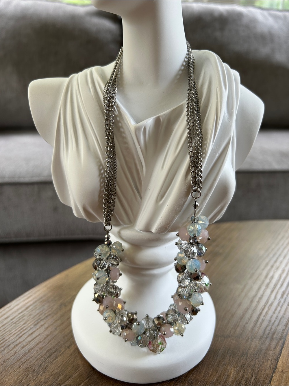 Pink and Silver Crystal Cluster Necklace
